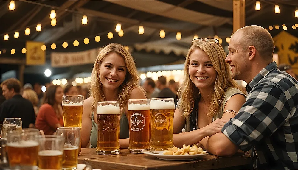 Zwei Frauen und ein Mann mit Maßkrügen an einem Tisch im Bierzelt auf dem Cannstatter Volksfest