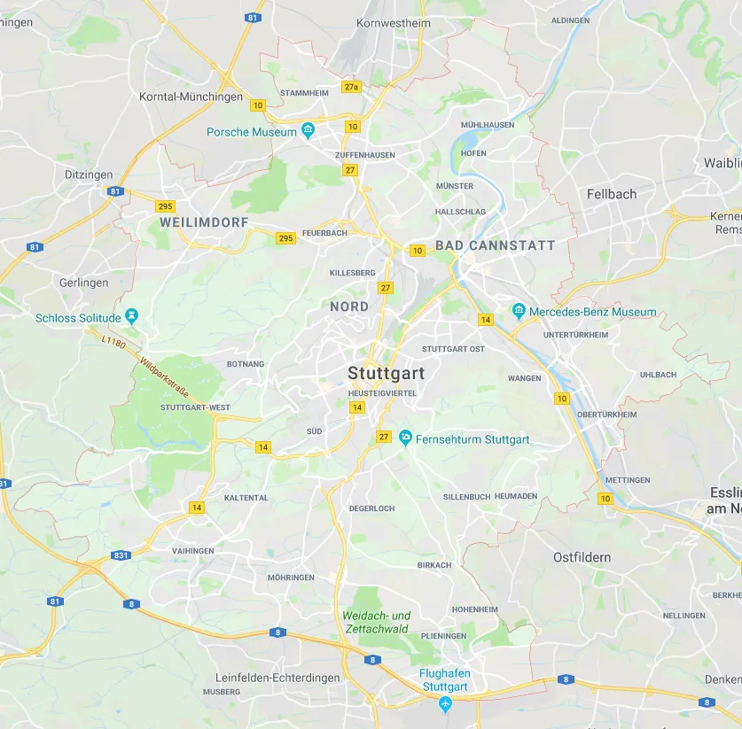Stadtplan von Stuttgart mit Stadtteilen, Hauptstraßen und markierten Sehenswürdigkeiten