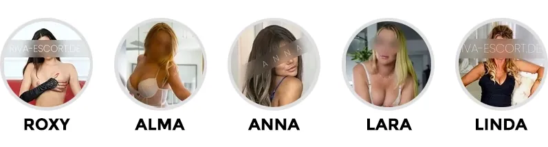 Fünf runde Porträtfotos von Roxy, Alma, Anna, Lara und Linda mit Namen darunter