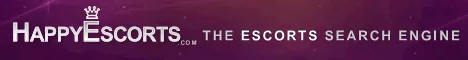 Werbebanner von HappyEscorts mit dem Zusatz „The Escorts Search Engine“ auf violettem Grund
