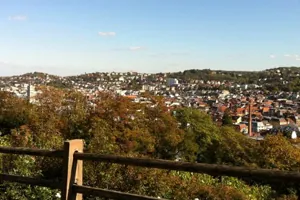 Blick über Stuttgarter Hanglagen mit Häusern und Herbstbäumen hinter einem Holzzaun